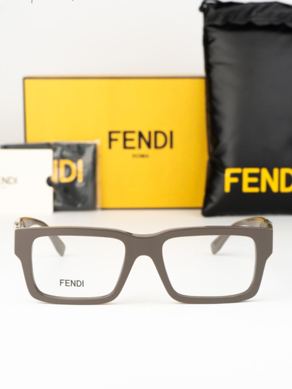 Fendi Men Eyeglasses Rectangular Brown Demo FE50114I 050 NEW AUTHENTIC